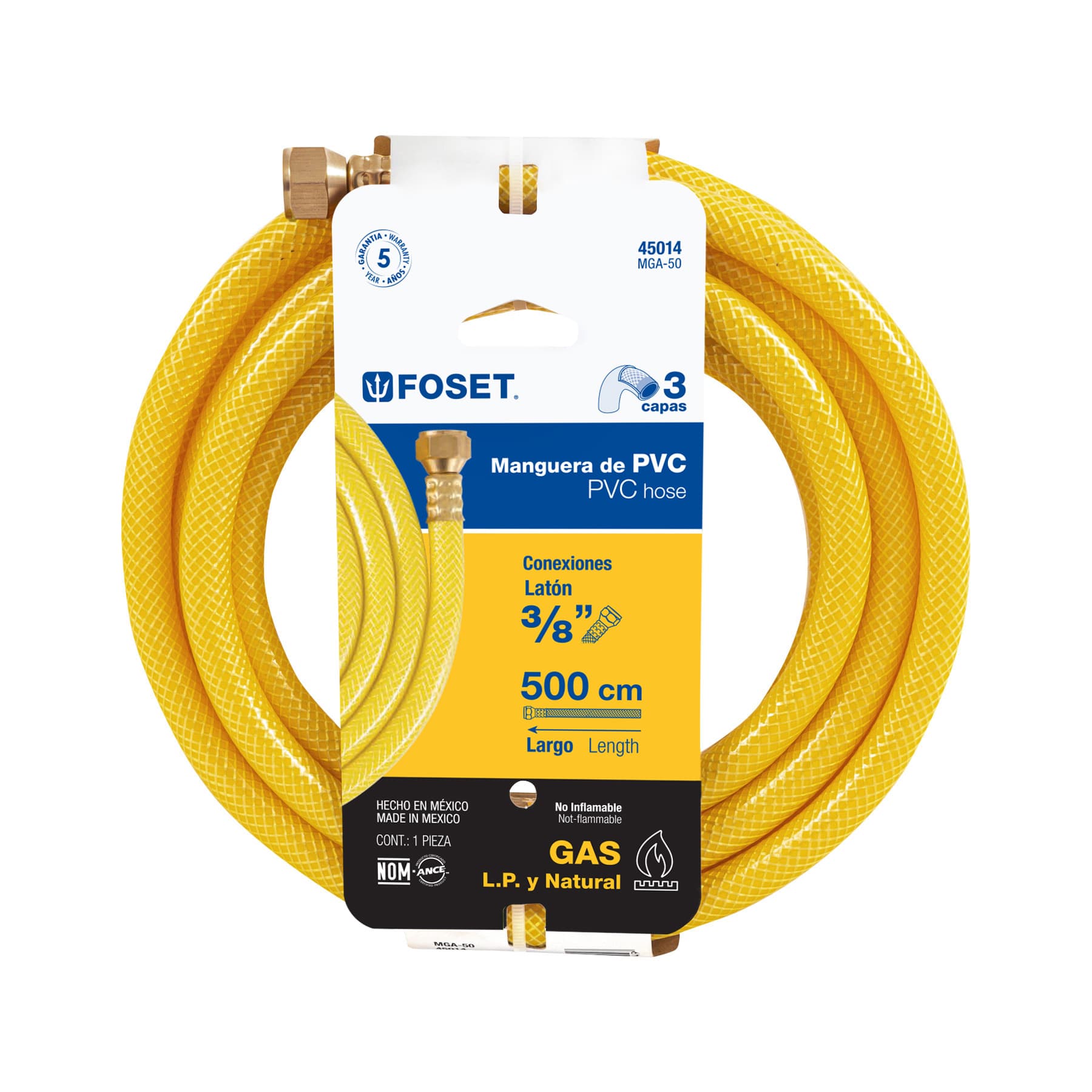 Manguera para gas, PVC amarilla, 3/8"x5 m, con conexión, Foset
