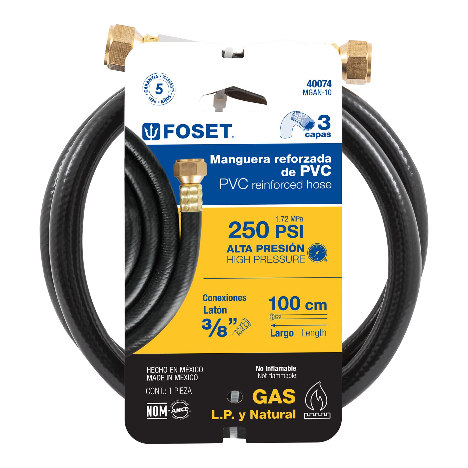 Manguera para gas, PVC negra, 3/8"x1 m, con conexión, Foset