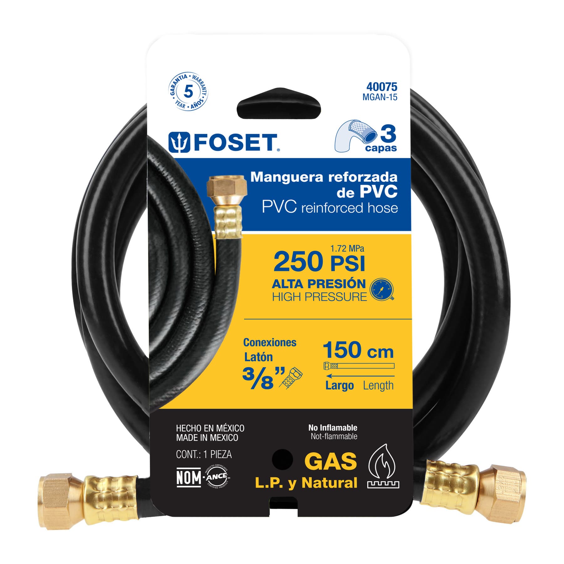 Manguera para gas, PVC negra, 3/8"x1.5 m, con conexión, Foset