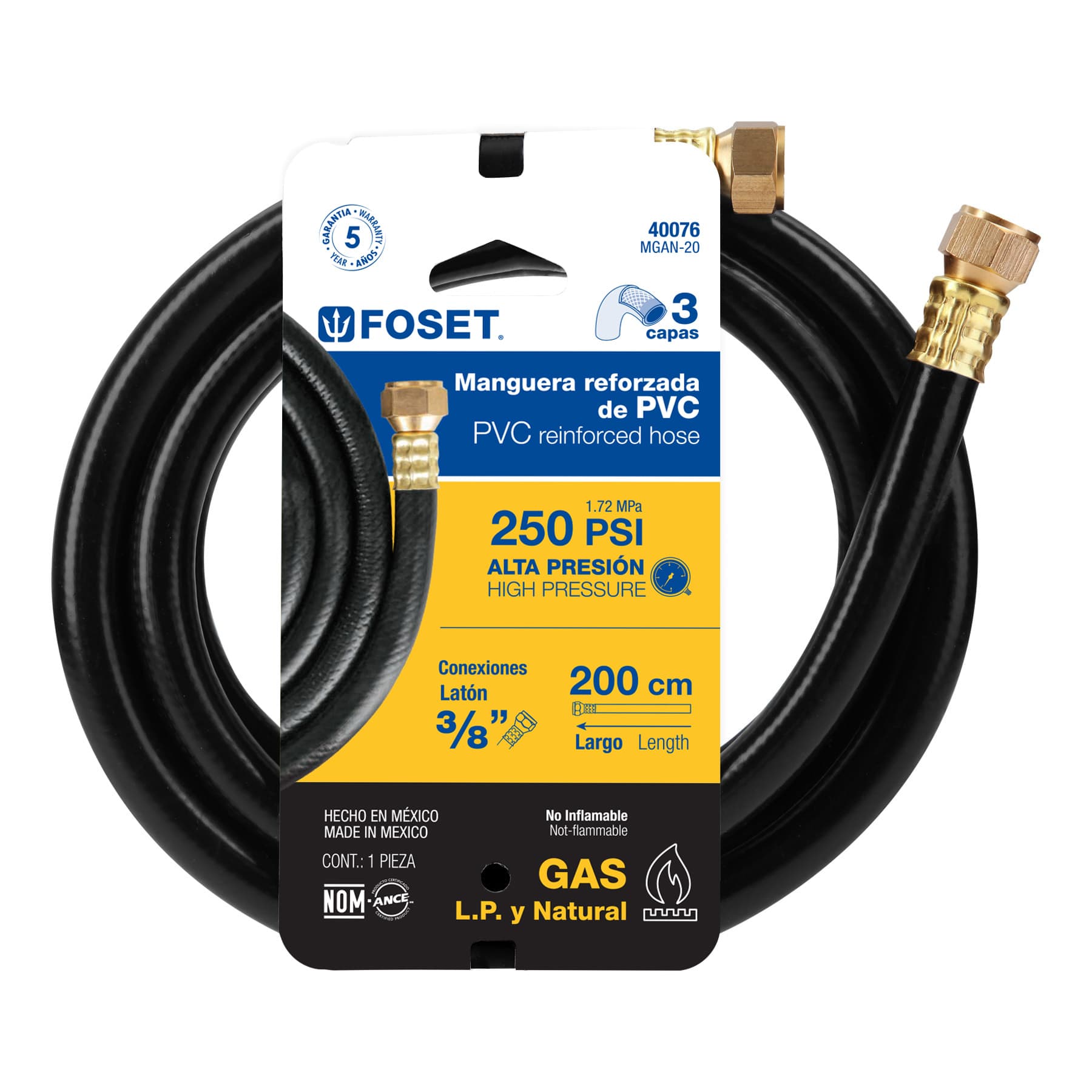 Manguera para gas, PVC negra, 3/8"x2 m, con conexión, Foset