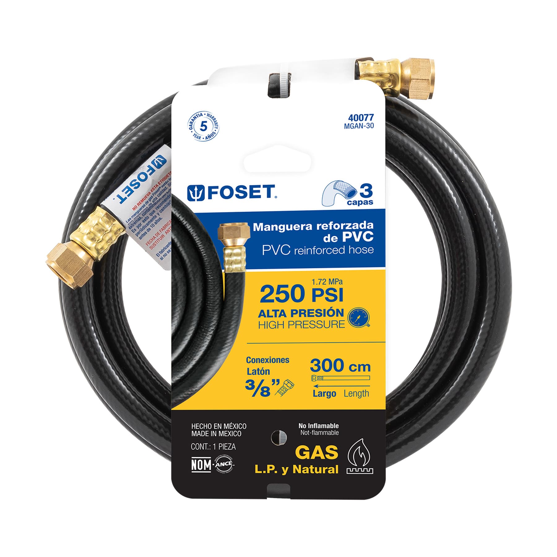 Manguera para gas, PVC negra, 3/8"x3 m, con conexión, Foset