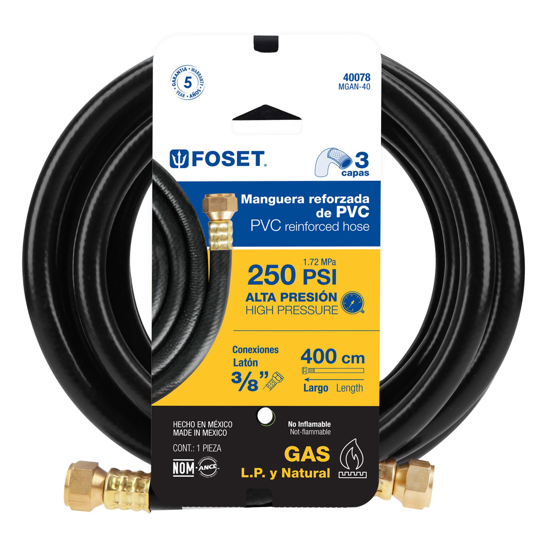 Manguera para gas, PVC negra, 3/8"x4 m, con conexión, Foset
