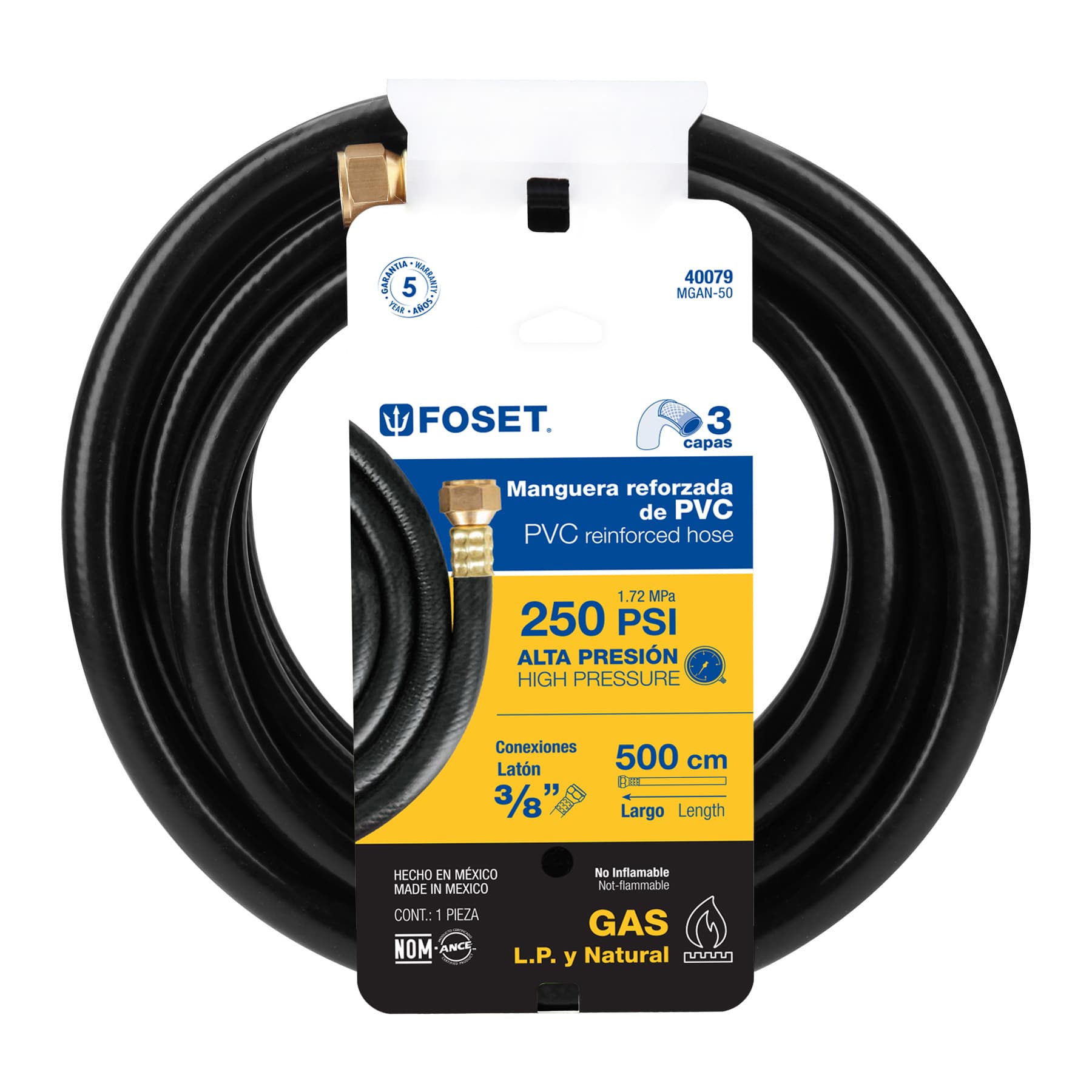 Manguera para gas, PVC negra, 3/8"x5 m, con conexión, Foset
