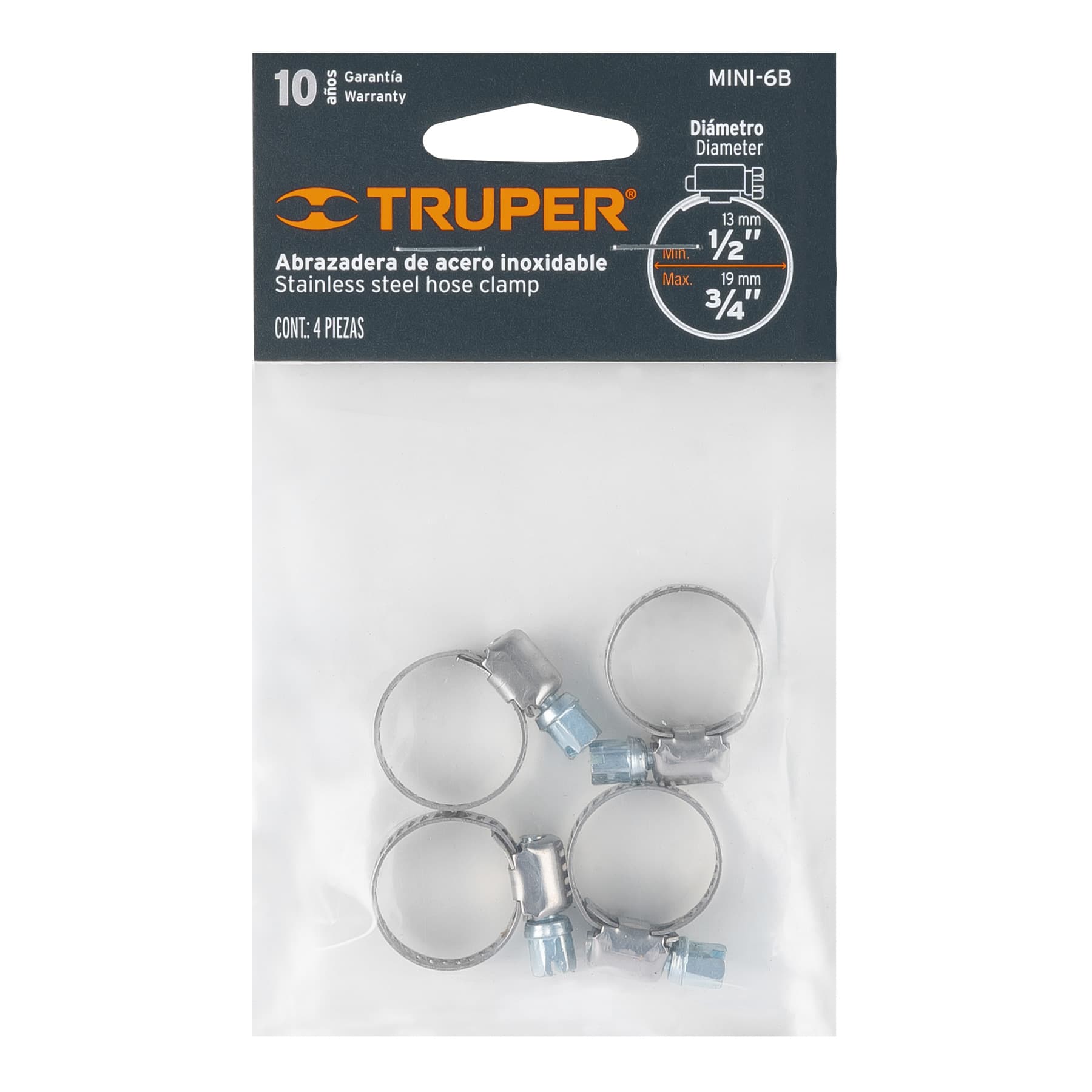 Bolsa con 4 mini abrazaderas sin fin # 6, 1/2 - 3/4", Truper