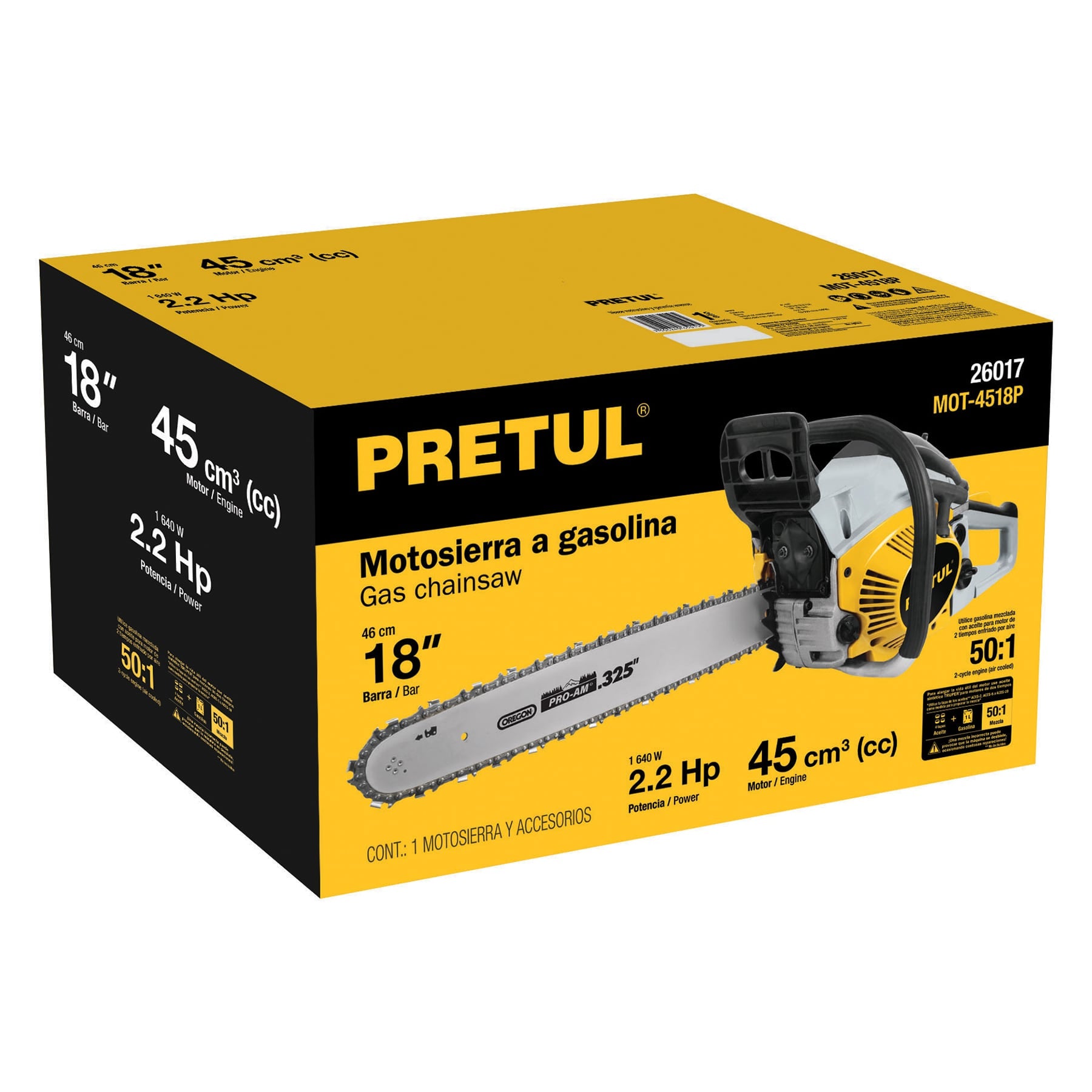 Motosierra 45 cc a gasolina con barra de 18", Pretul