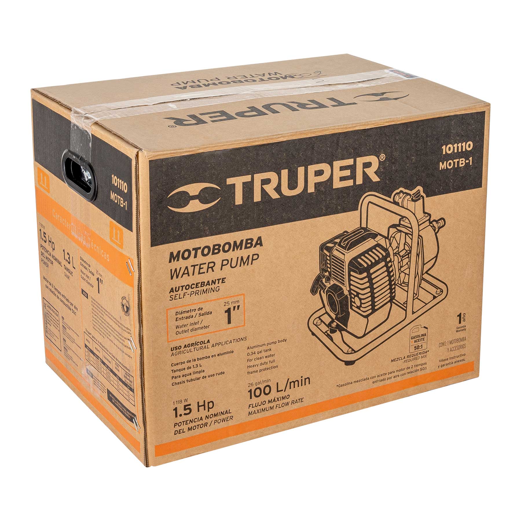 Motobomba autocebante 1"x1", gas. 1-1/2HP, agrícola, Truper