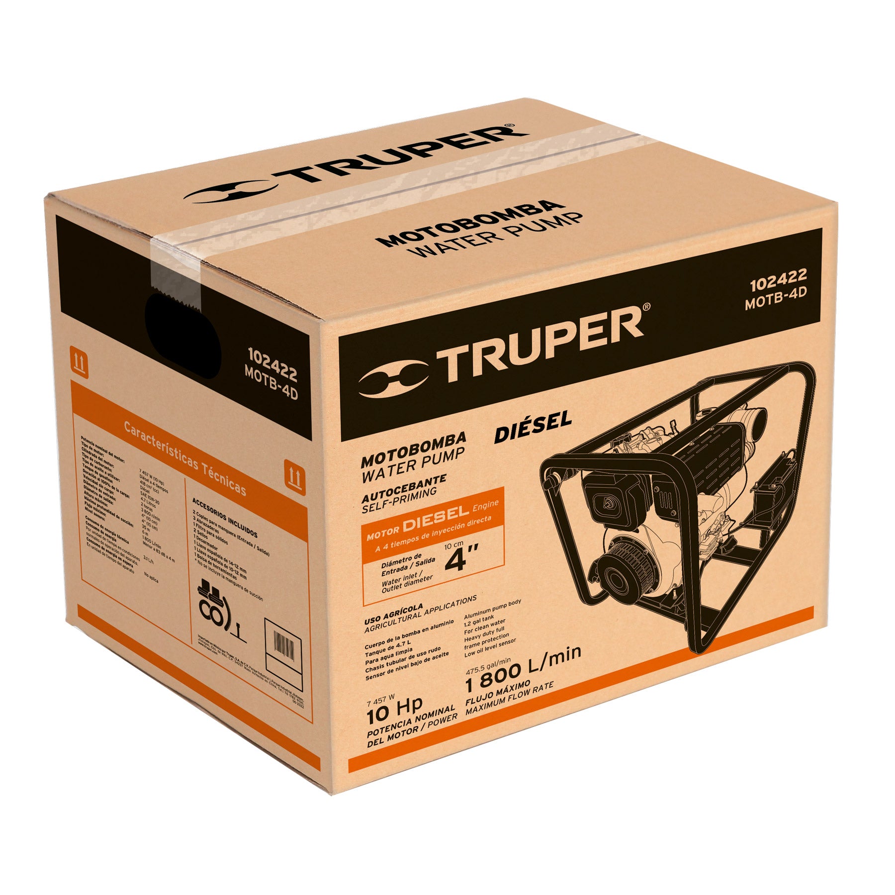 Motobomba autocebante 4"x4", diesel 10HP, agrícola, Truper