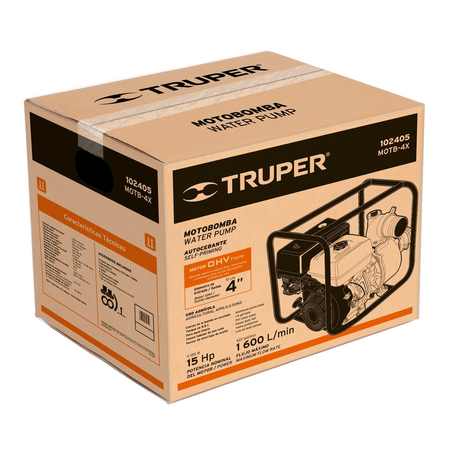 Motobomba autocebante 4"x4", gasolina 15HP, agrícola, Truper