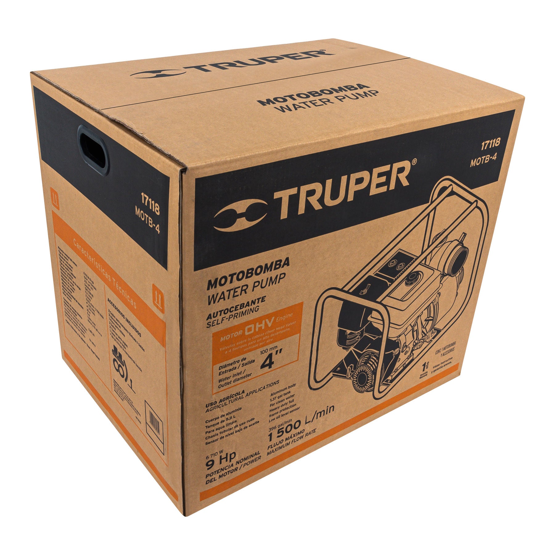 Motobomba autocebante 4"x4", gasolina 9HP, agrícola, Truper
