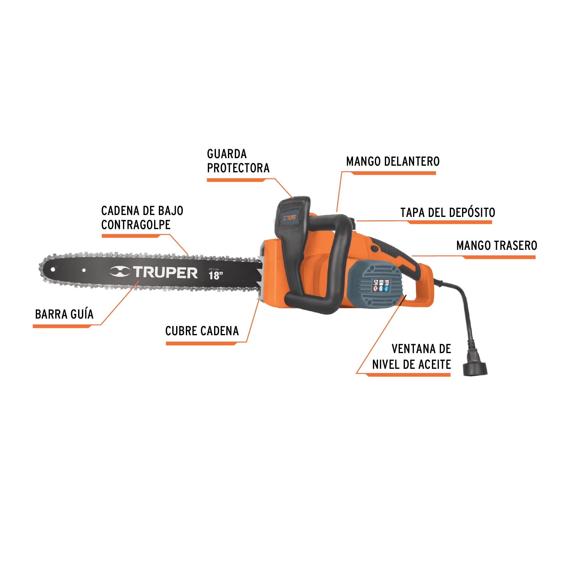 Motosierra eléctrica 1600 W con barra de 18", Truper