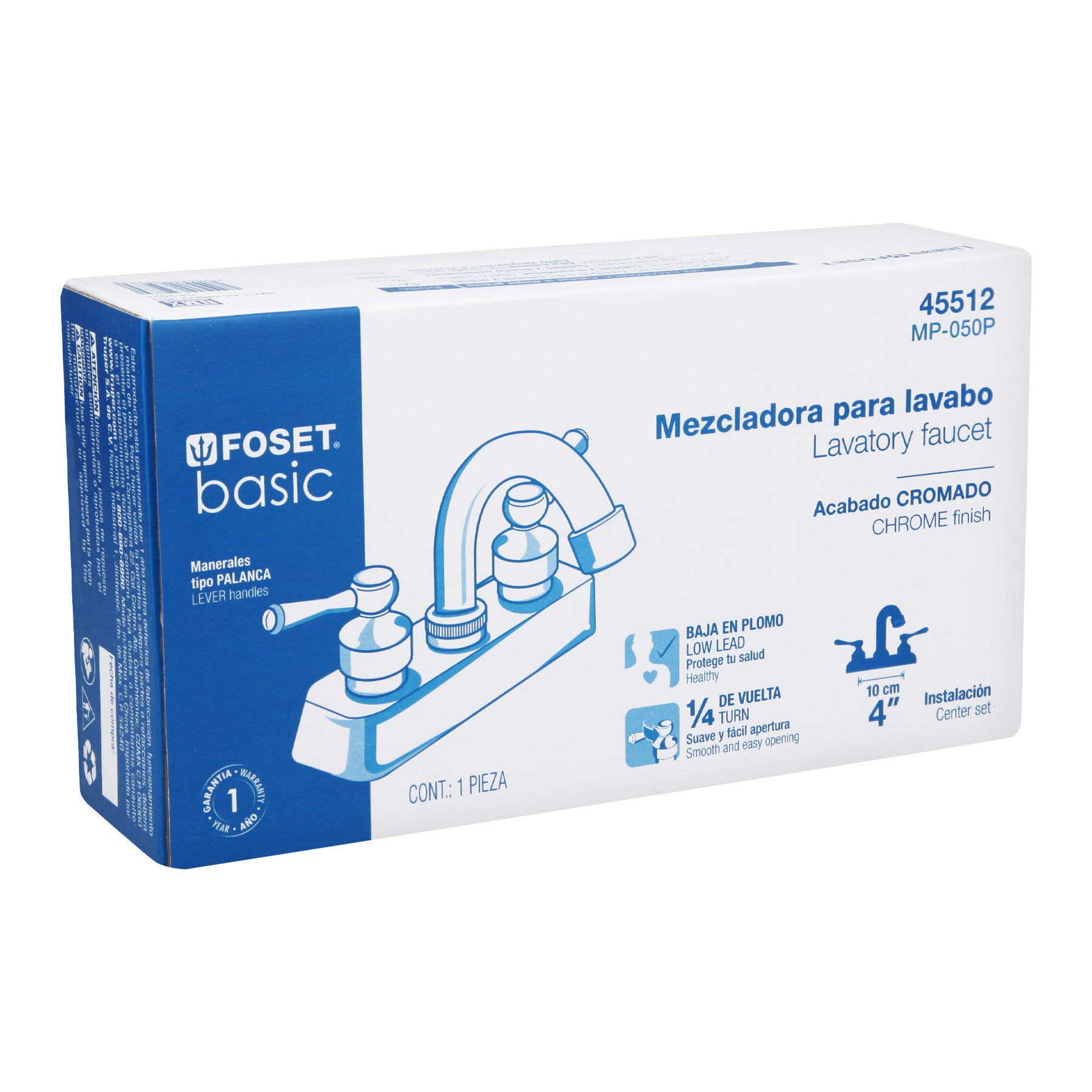 Mezcladora 4" lavabo, ABS, cuello curvo, palanca, BASIC
