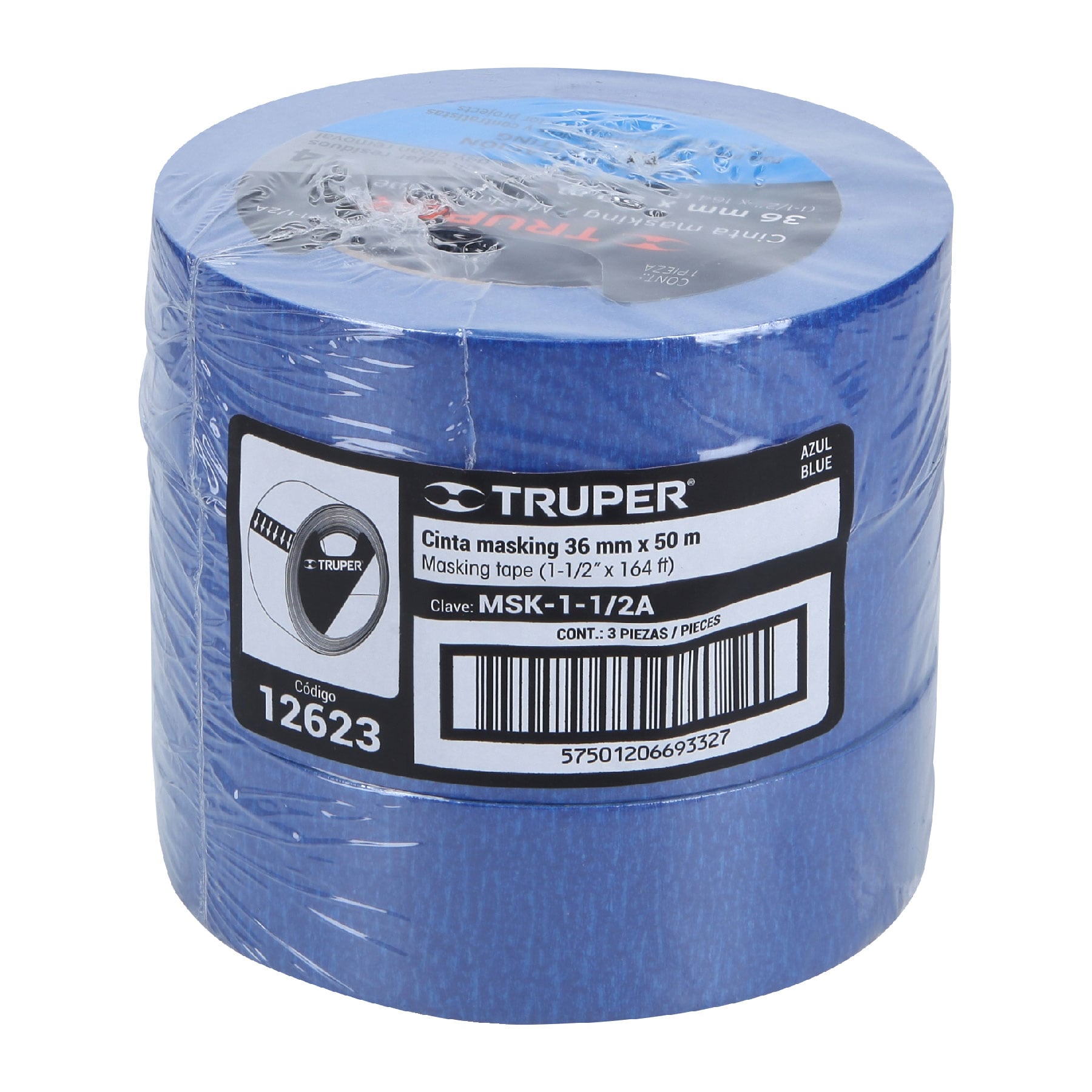 Cinta masking tape azul de 1-1/2" x 50 m para pintor, Truper