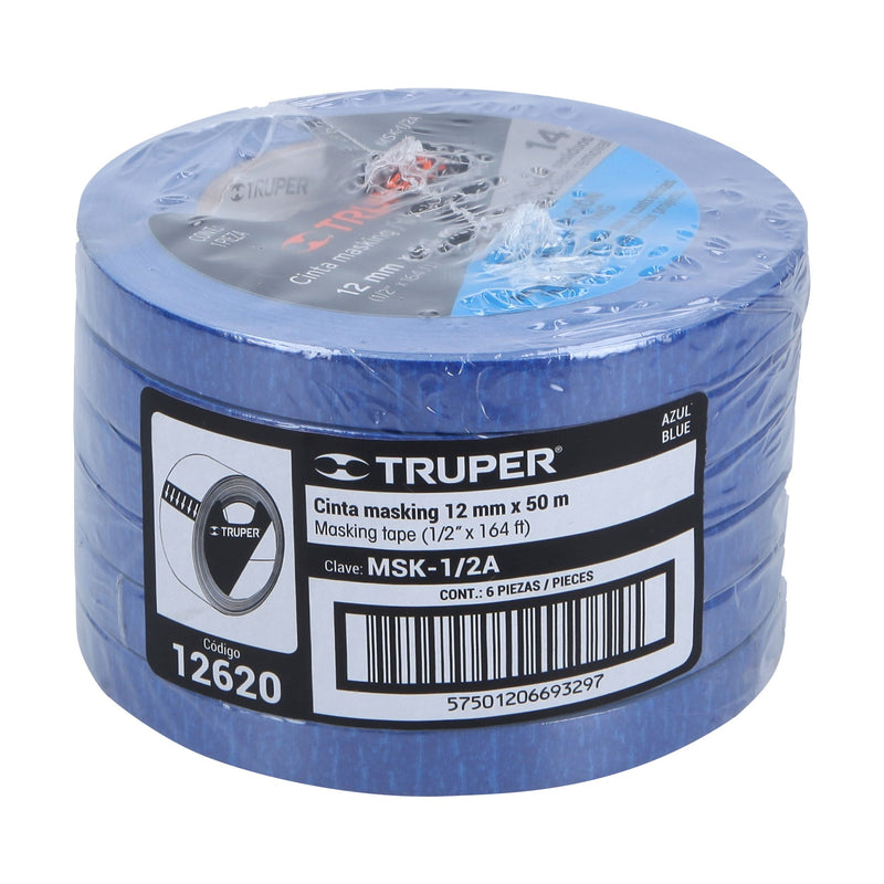 Cinta masking tape azul de 1/2" x 50 m,  Truper