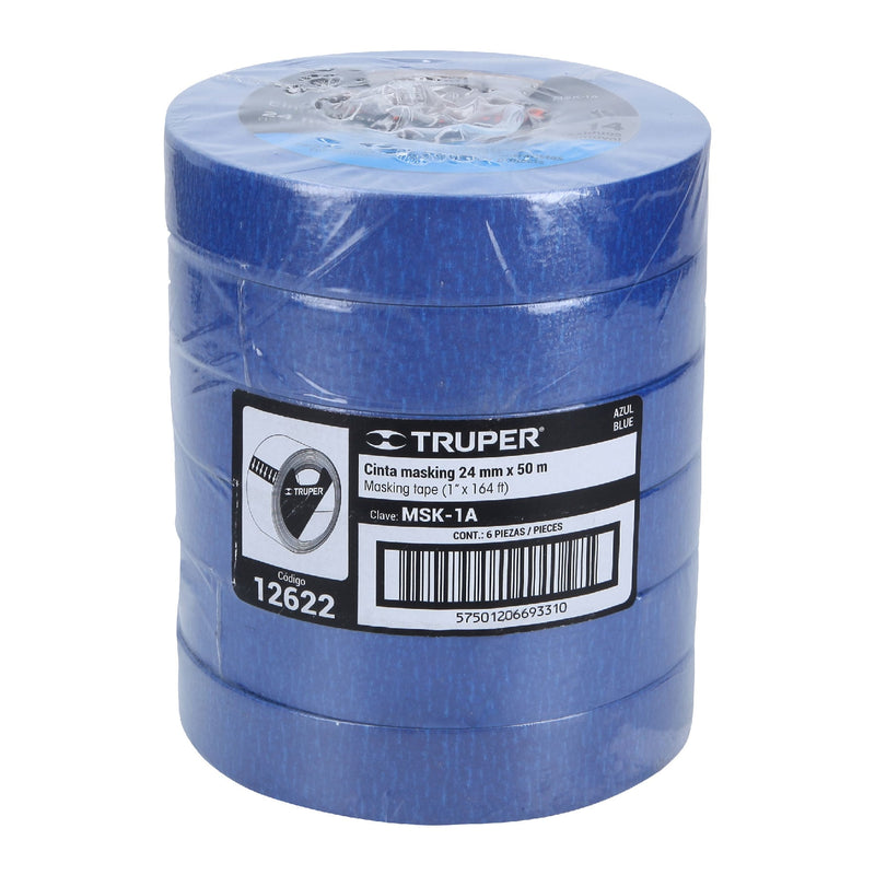 Cinta masking tape azul de 1" x 50 m,  Truper