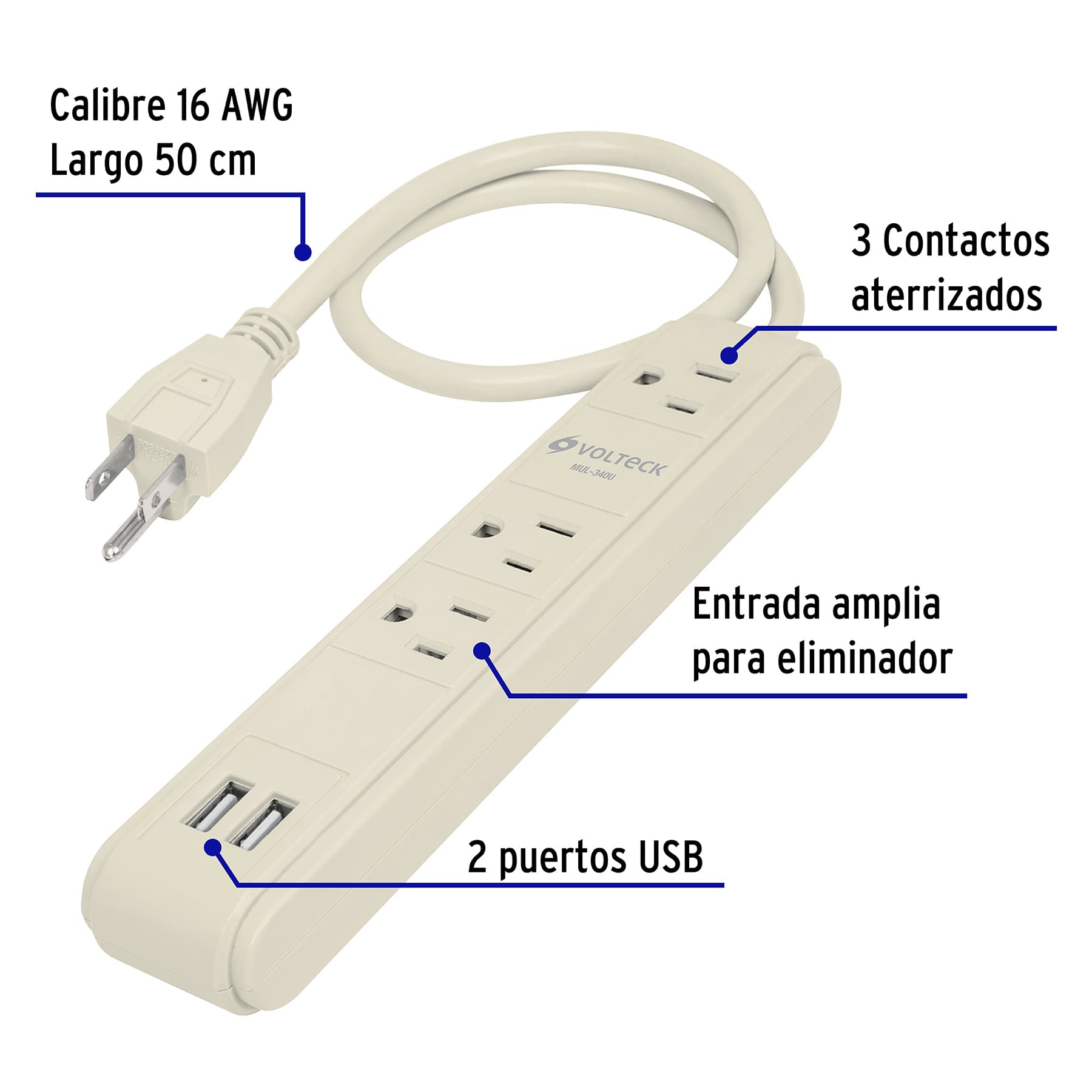 Multicontacto 16 AWG 3 entradas 2 puertos USB supresor 300 J