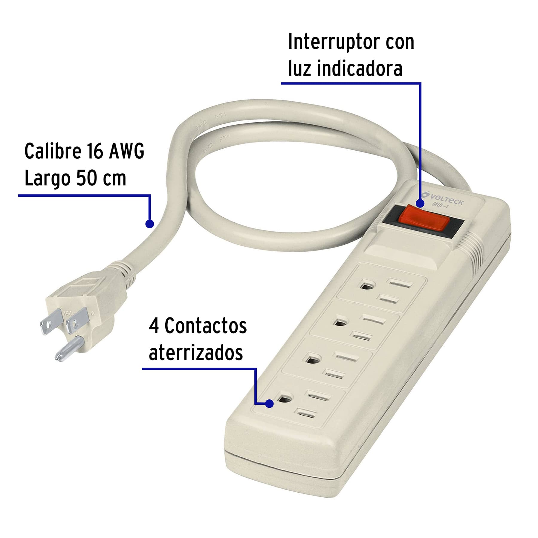 Multicontacto 16 AWG uso rudo con 4 entradas, Volteck