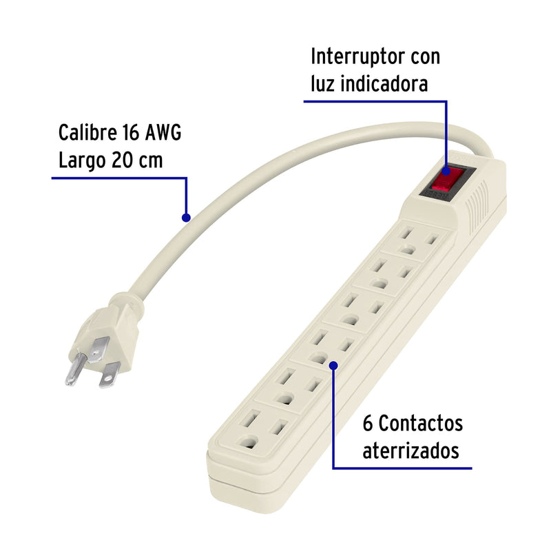 Multicontacto 16 AWG doméstico 6 entradas,  Volteck