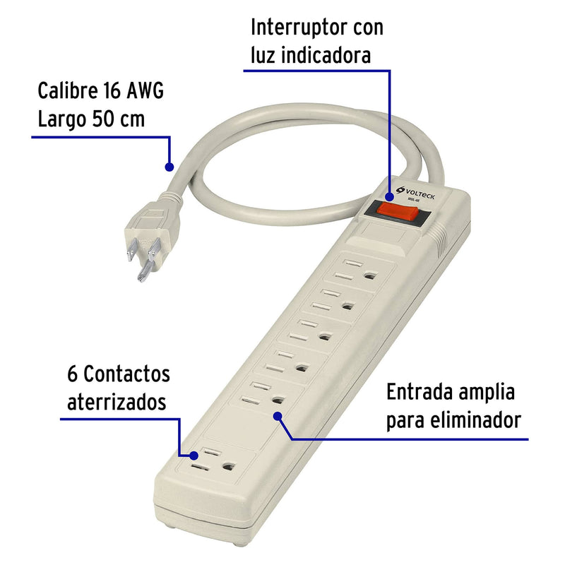 Multicontacto 16 AWG uso rudo con 6 entradas,  Volteck