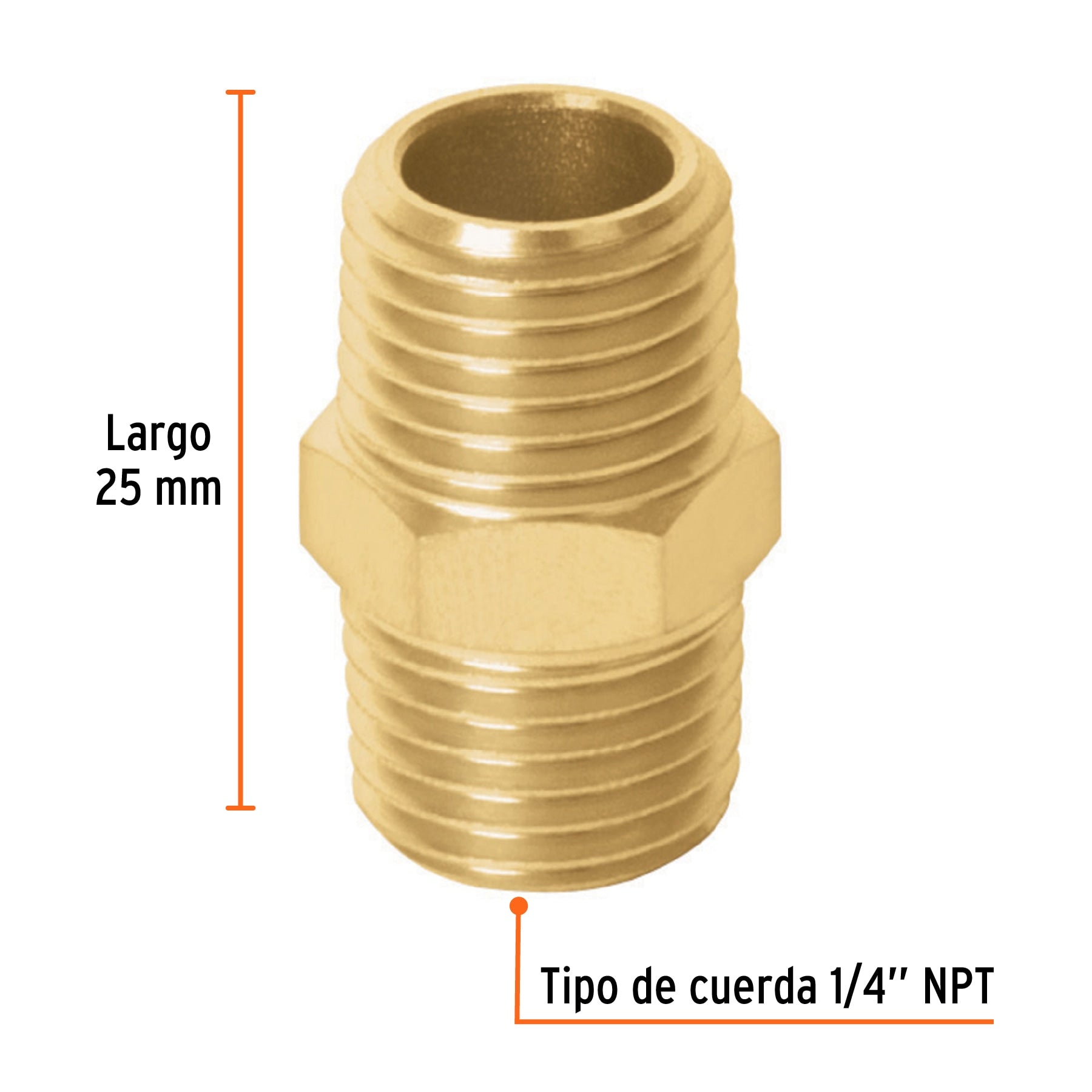 Niple de latón, macho-macho, cuerda 1/4" NPT, Truper