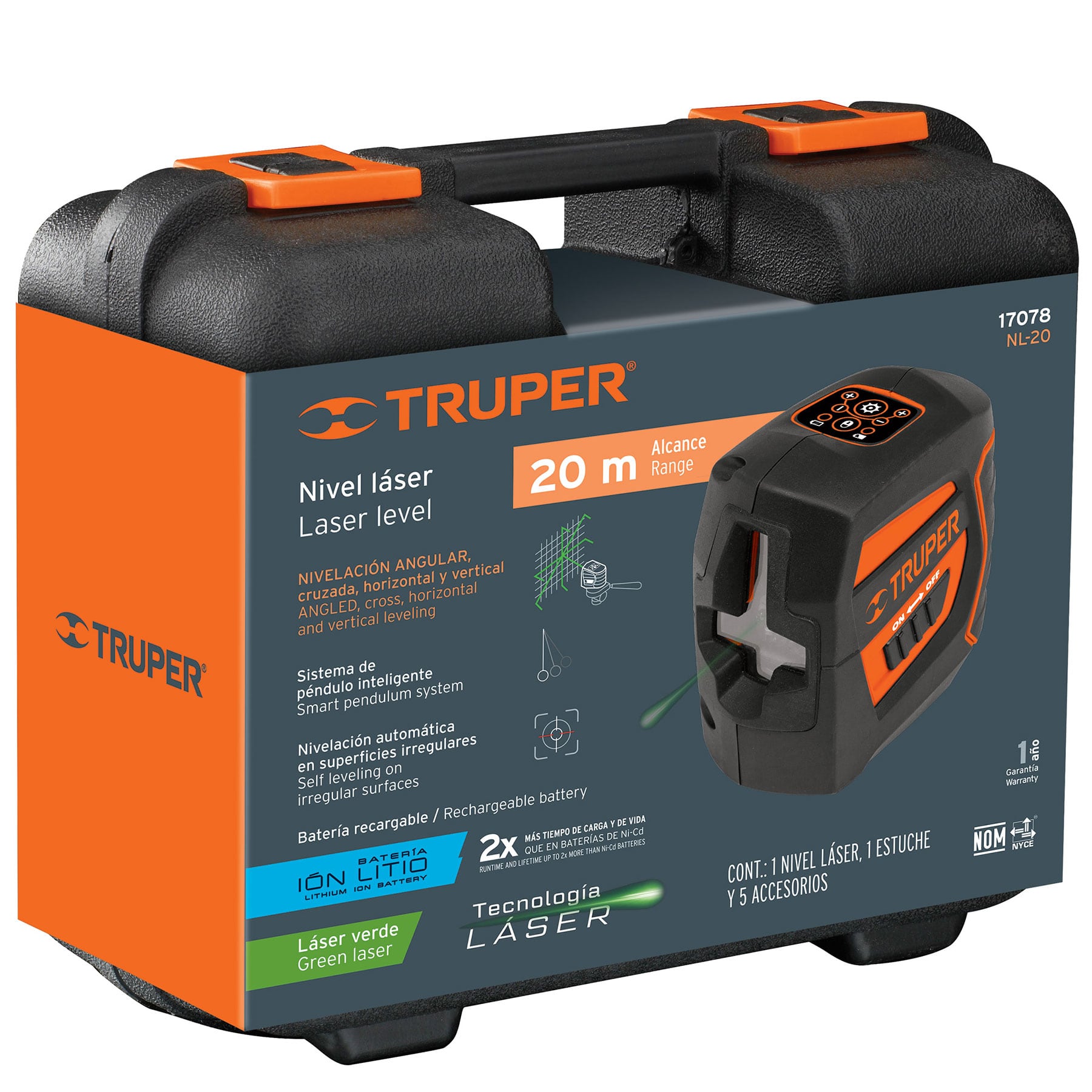 Nivel láser verde, alcance 30 m, recargable, Truper