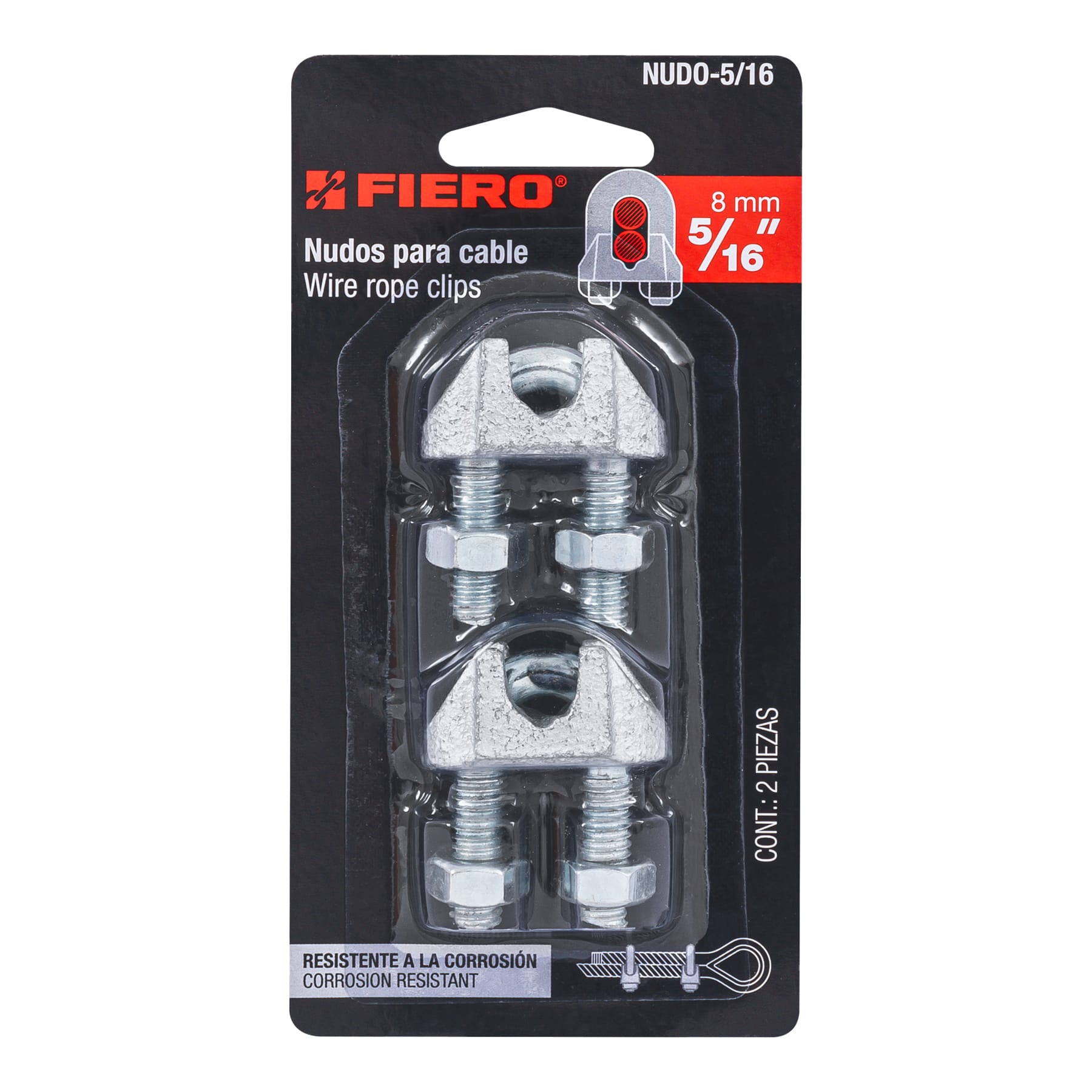Blíster con 2 nudos (perros) de hierro para cable de 5/16", Fiero
