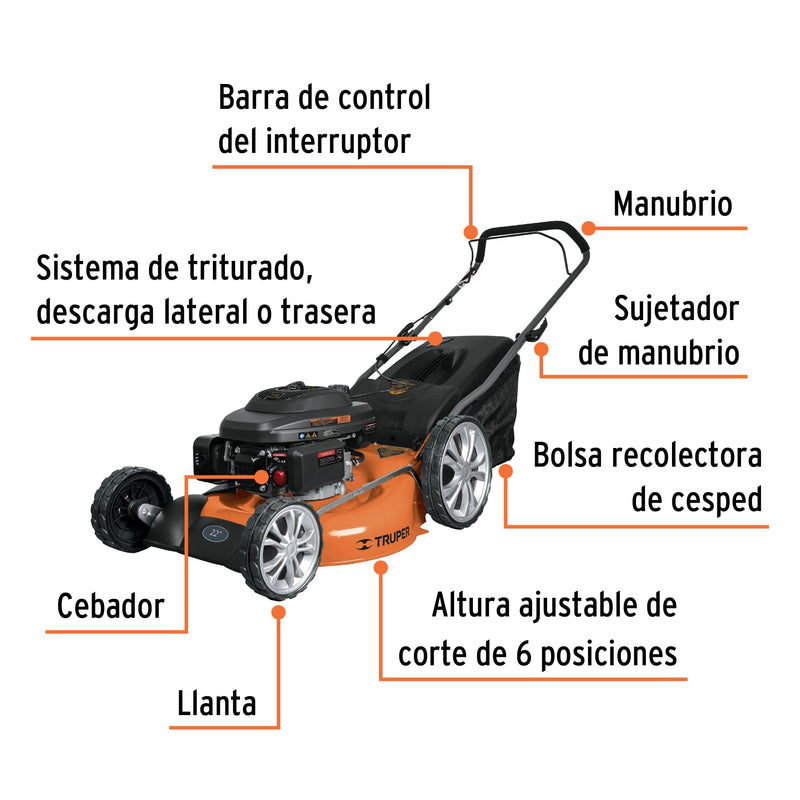 Podadora con motor a gasolina de 6 HP,  22" de corte,  Truper
