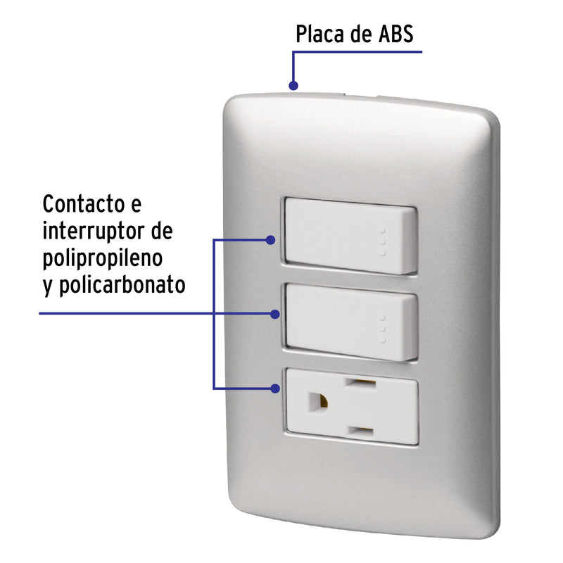 Placa armada contacto 2 interruptores,  plata,  línea Italiana