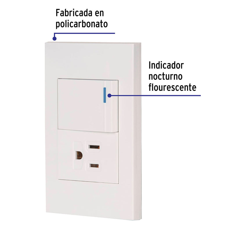 Placa armada 1 interruptor, 1contacto, 1.5mod, Española,  blanco