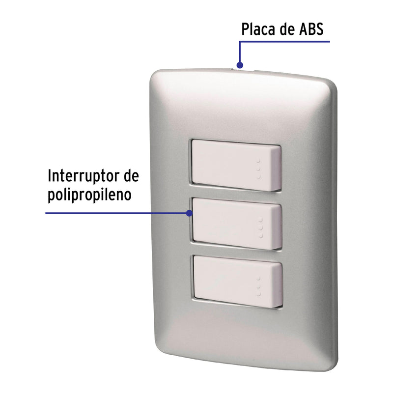 Placa armada 2 interruptores 1escalera,  plata, línea Italiana