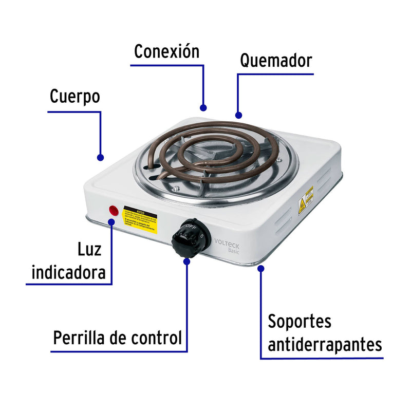 Parrilla eléctrica 1 quemador,  cuadrada,  Volteck Basic