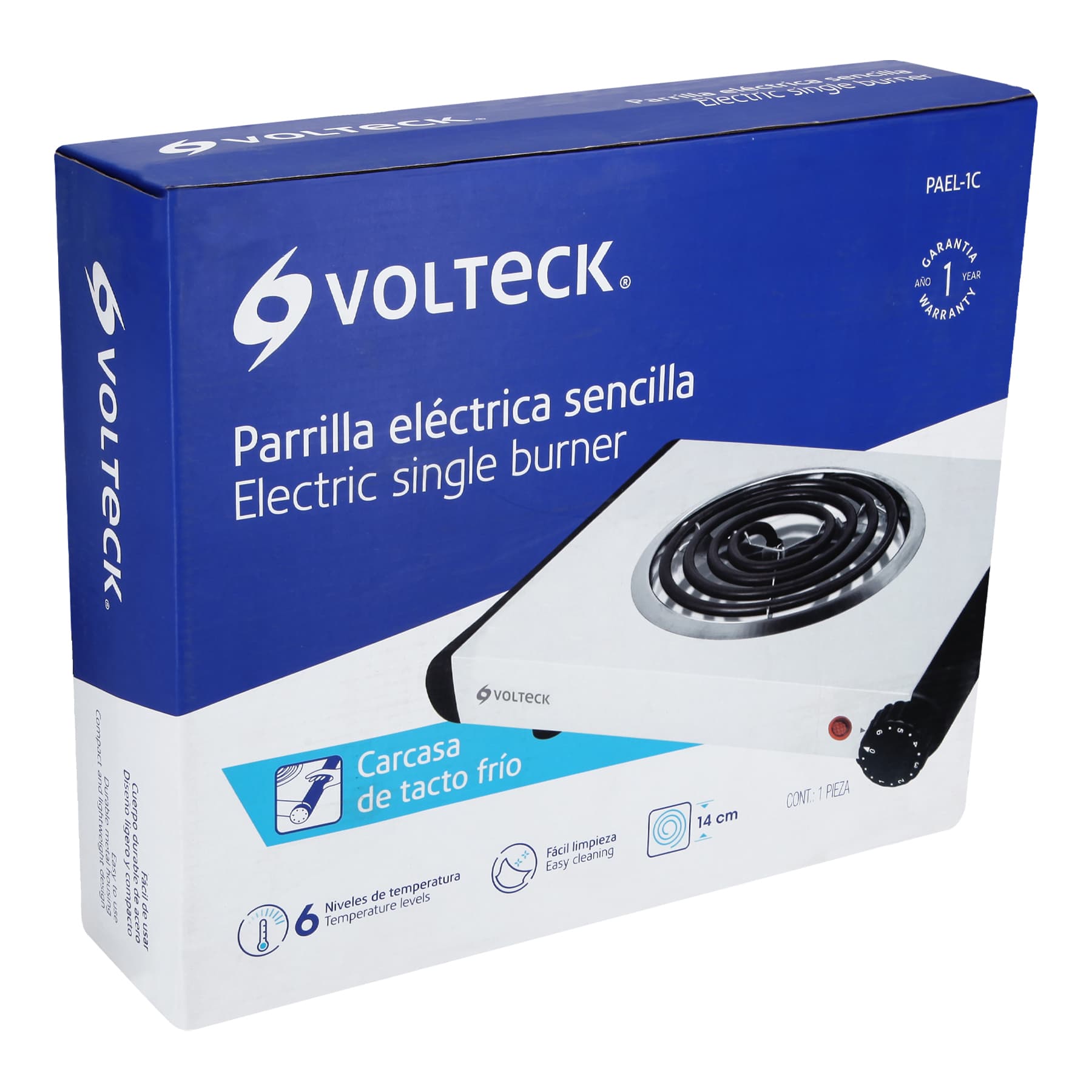 Parrilla eléctrica 1 quemador en espiral, blanca, VOLTECK