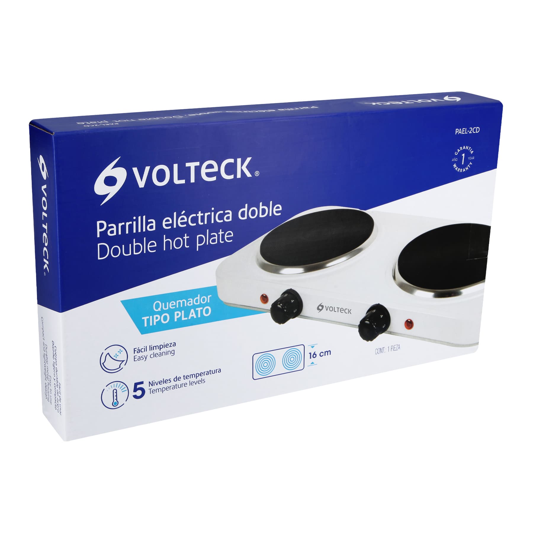Parrilla eléctrica 2 quemadores de disco, blanca, VOLTECK