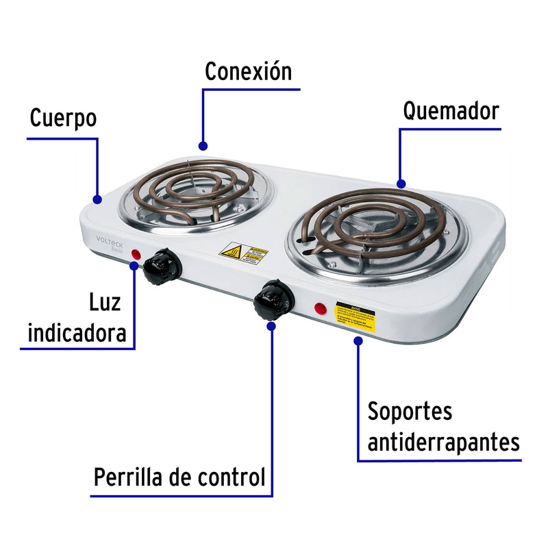 Parrilla eléctrica 2 quemadores,  rectangular,  Volteck Basic