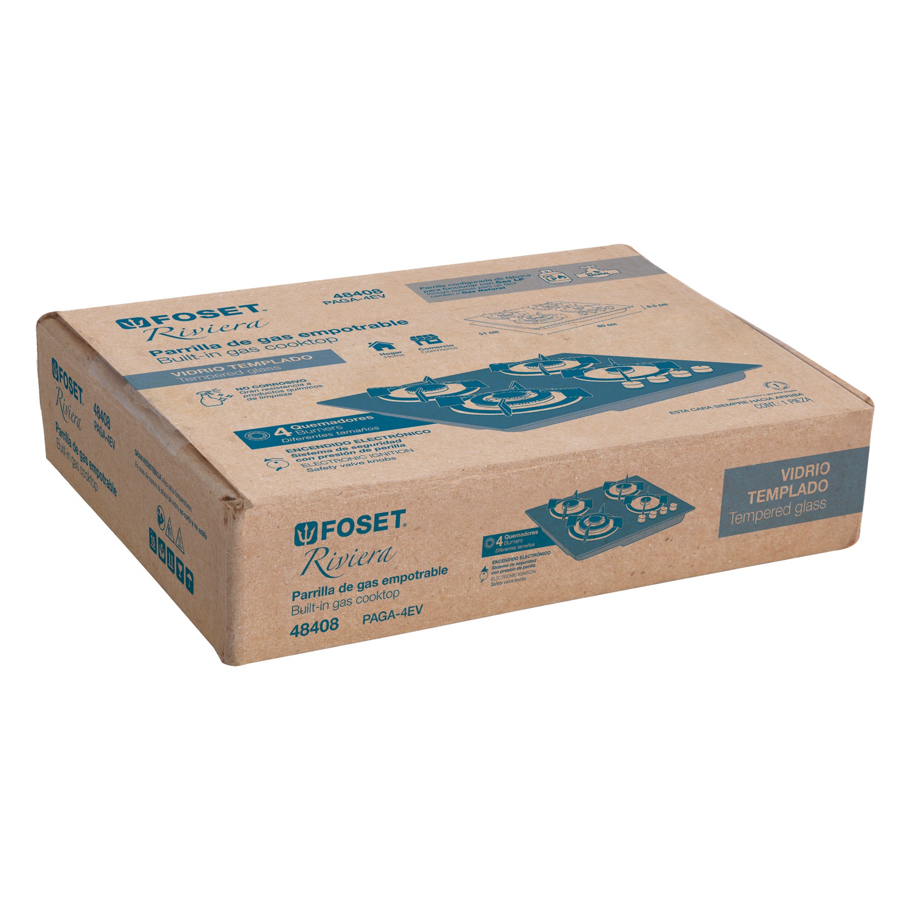 Parrilla gas empotrable 60cm, 4 quem, vidrio negro, Riviera