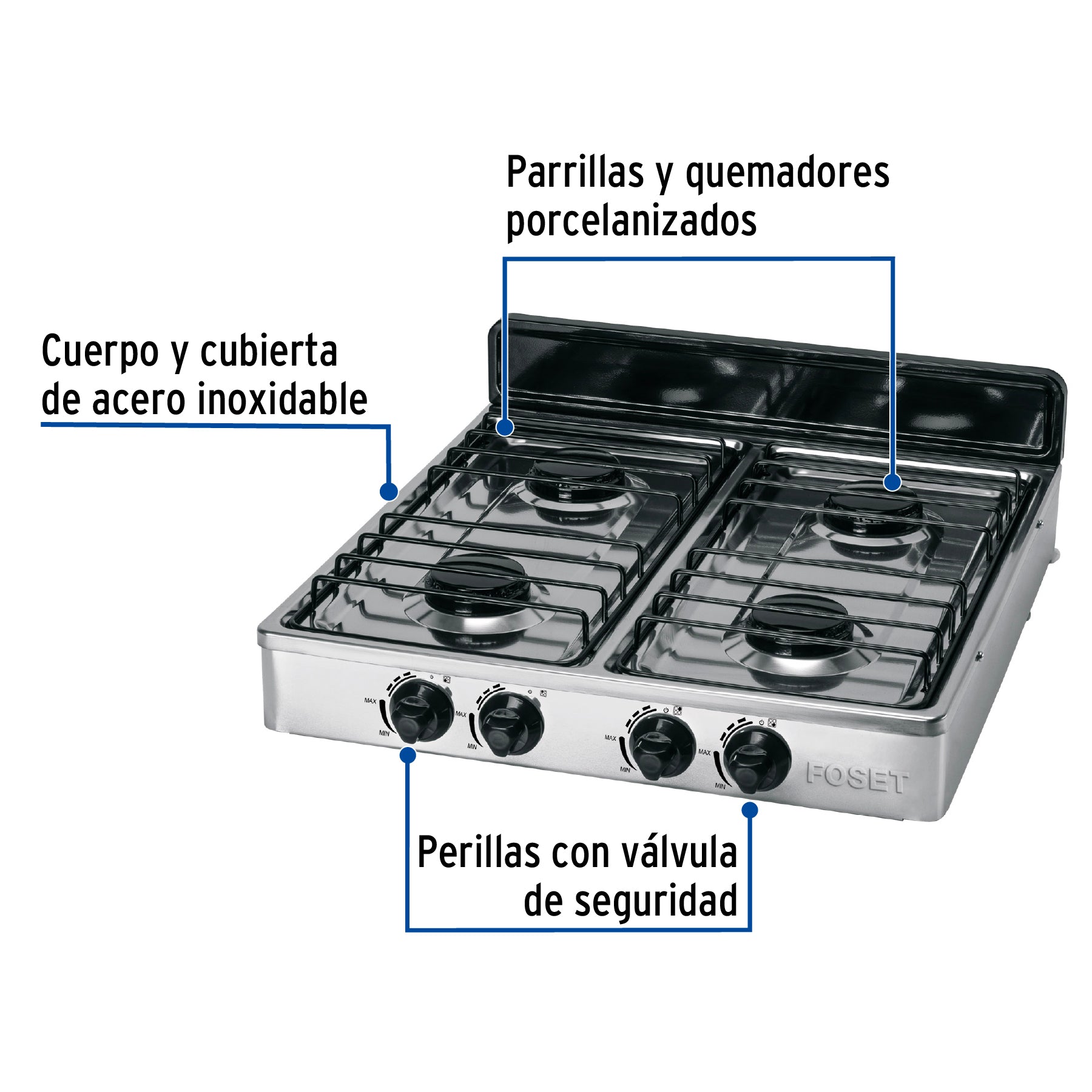 Parrilla de gas de sobreponer 4 quemadores, inoxidable Foset