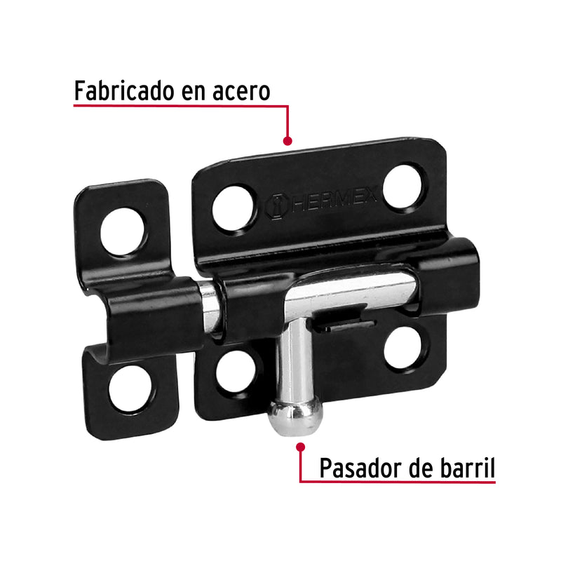 Pasador de barril 2" de acero acabado negro,  Hermex