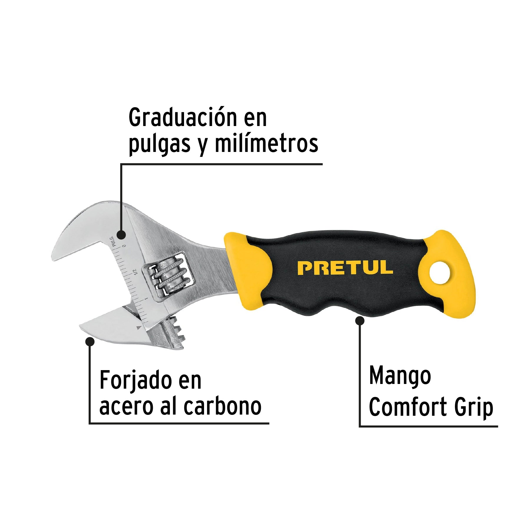 Llave ajustable (perico corto) 6" cromada con grip, Pretul