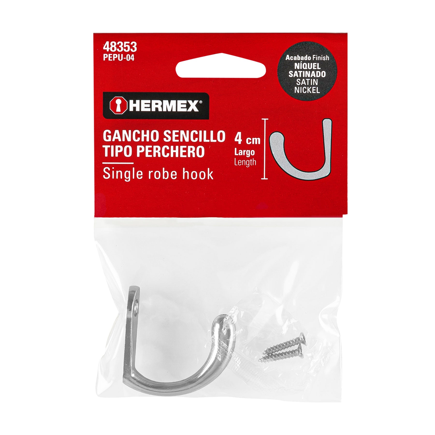 Gancho sencillo tipo perchero, níquel satinado, Hermex