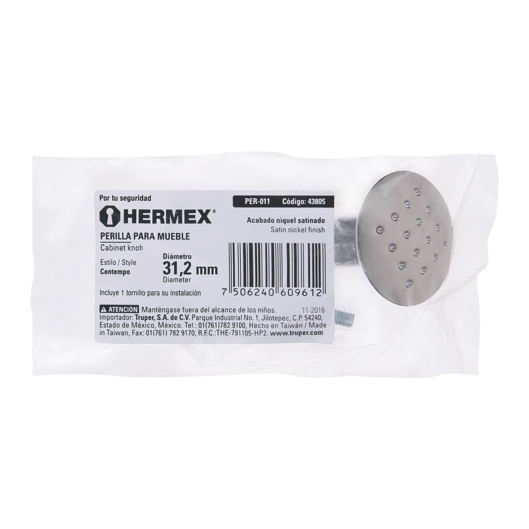 Perilla metálica estilo "Contempo", níquel satinado, Hermex