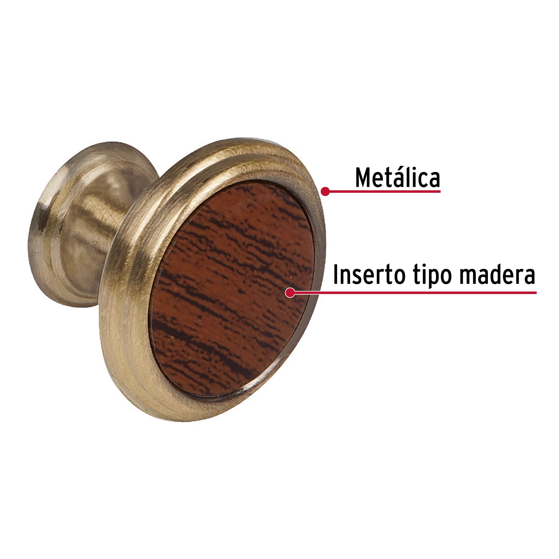 Perilla metálica acabado latón antiguo, inserto tipo madera