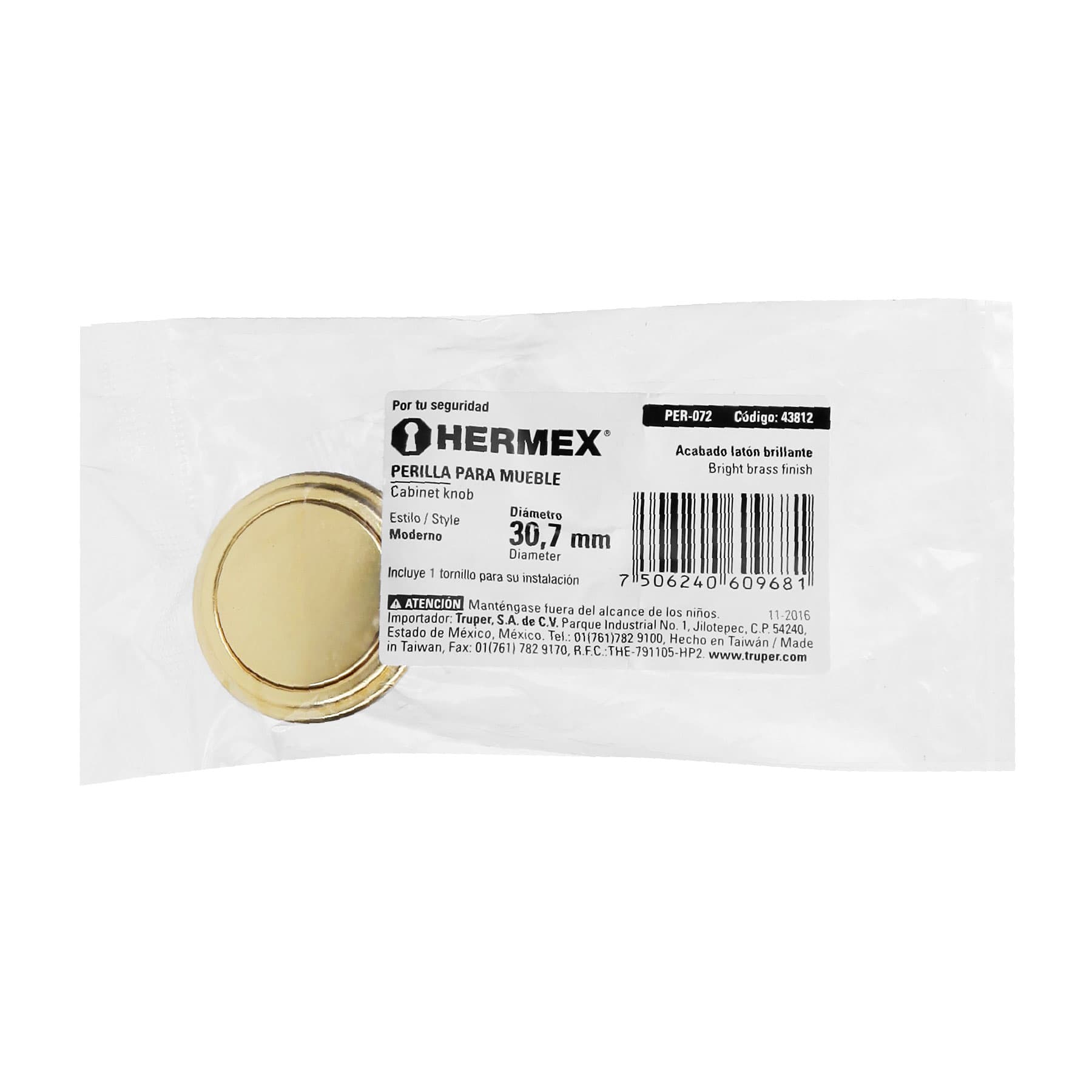 Perilla metálica estilo "Moderno", latón brillante, Hermex