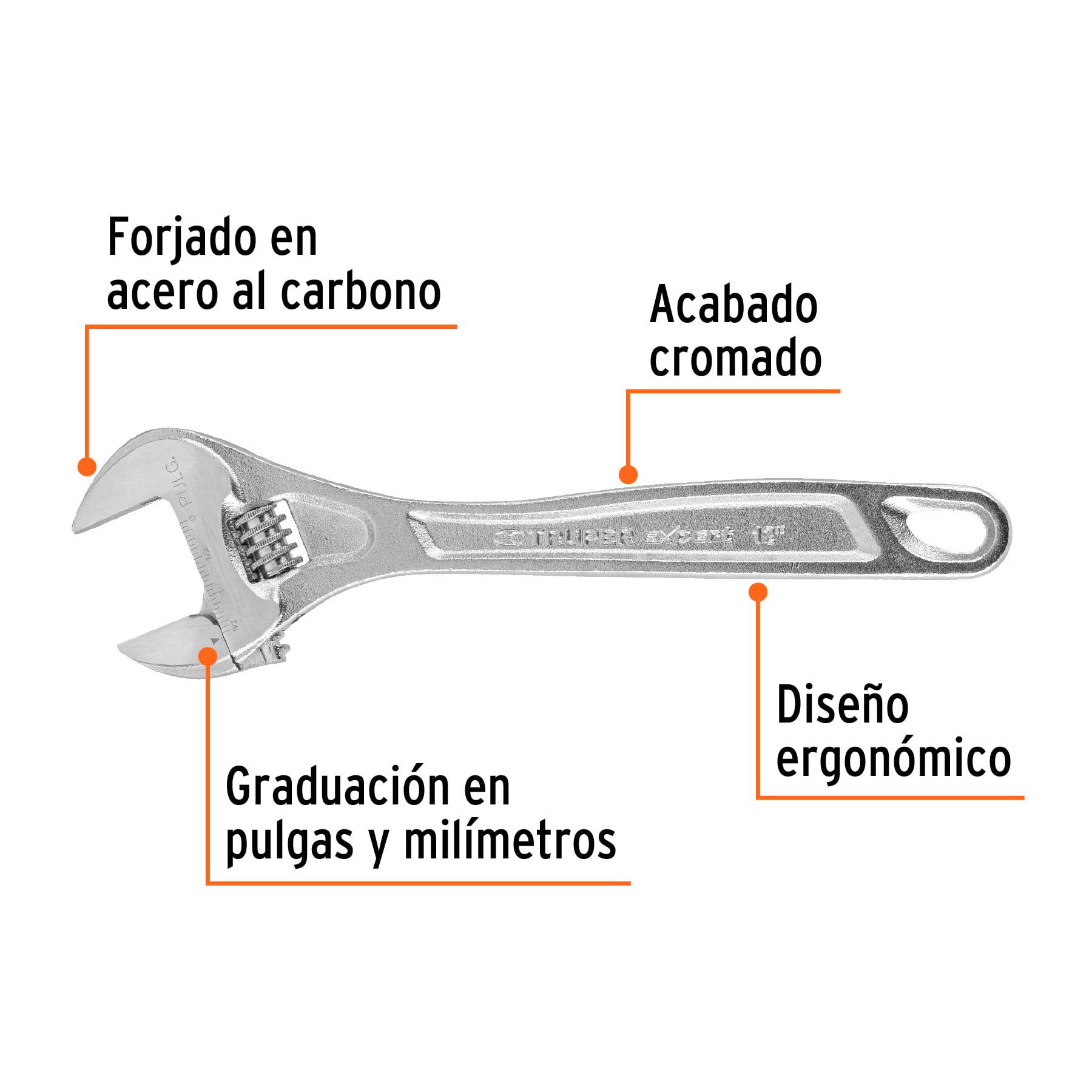 Llave ajustable (perico) 12" profesional cromada, Expert