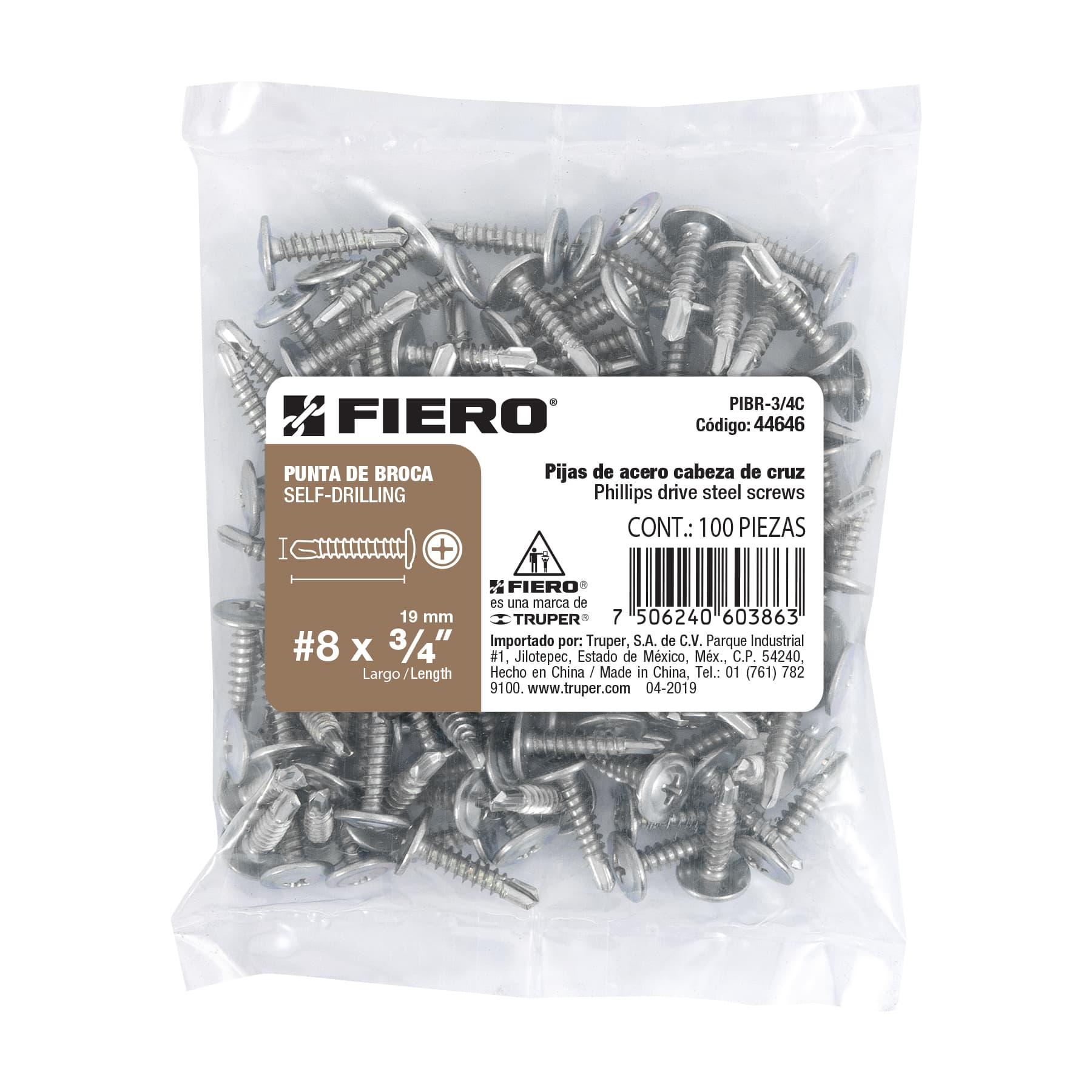 Bolsa con 100 pijas cabeza cruz, punta de broca 3/4", Fiero