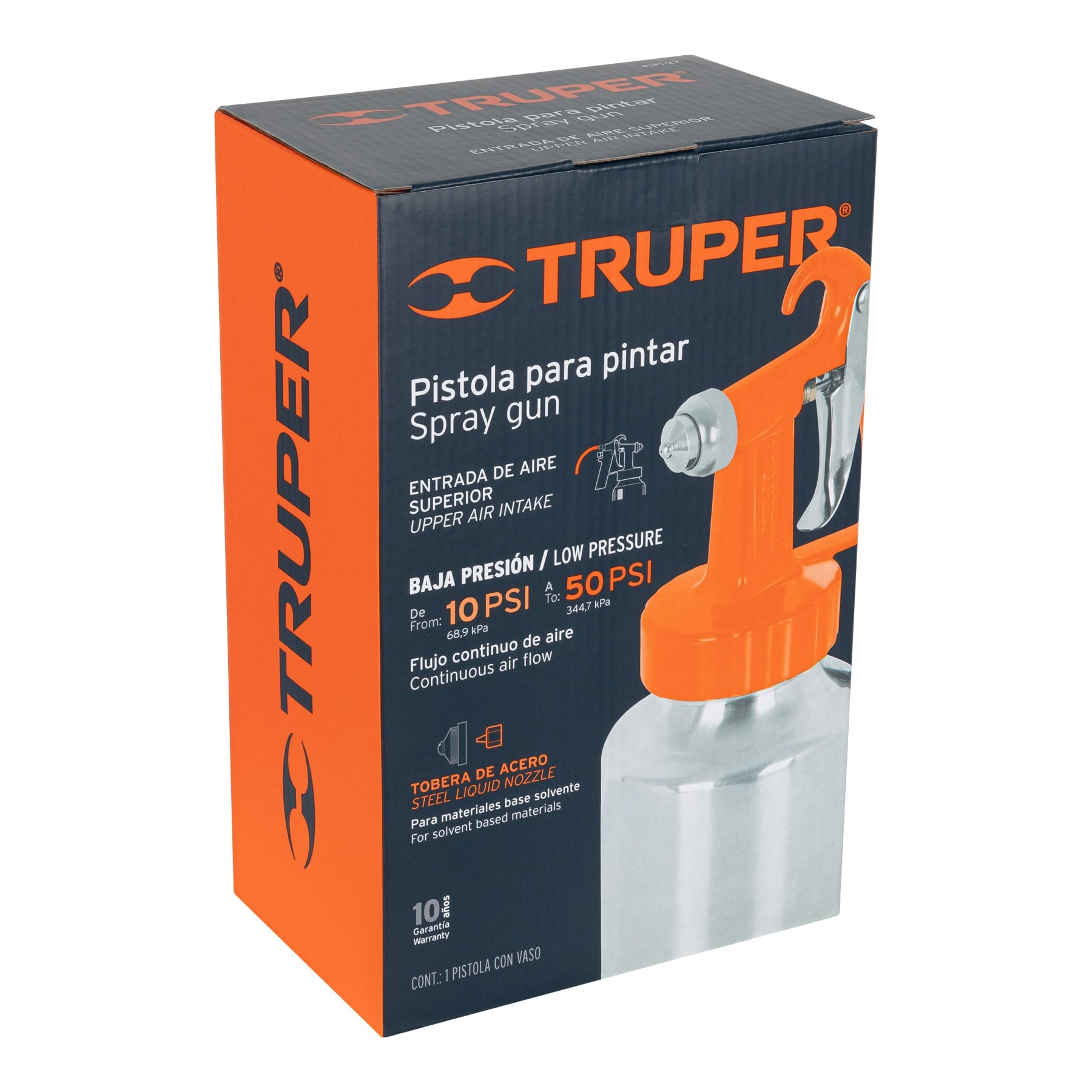 Pistola para pintar baja presión, naranja, entrada sup, Truper