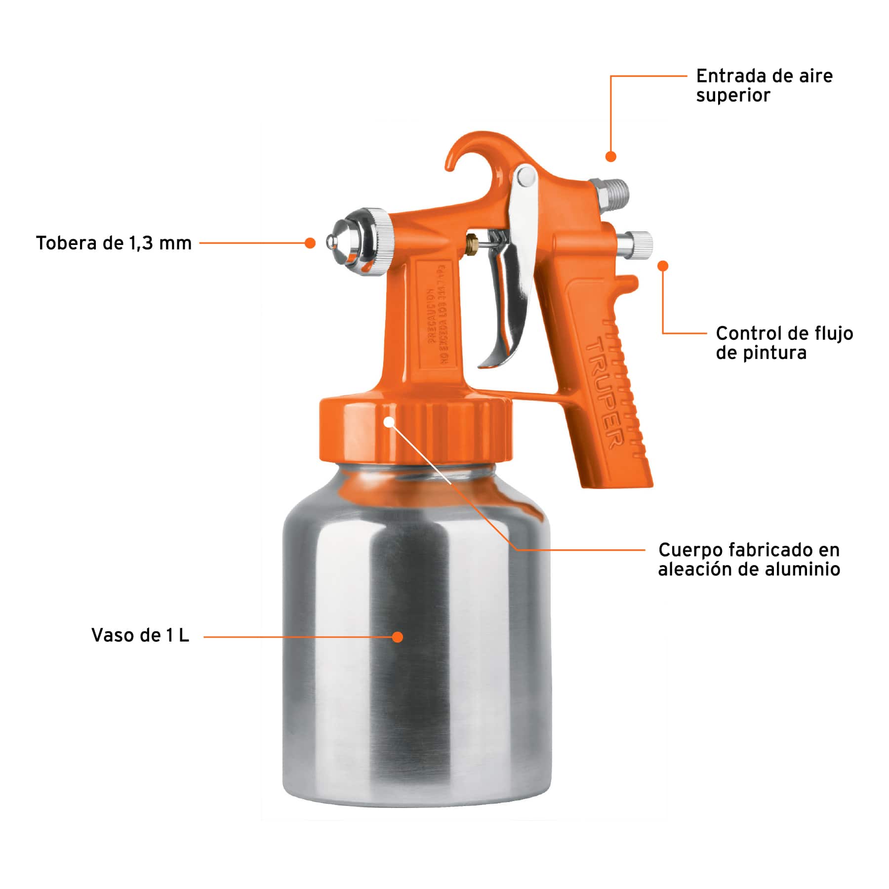 Pistola para pintar baja presión, naranja, entrada sup, Truper