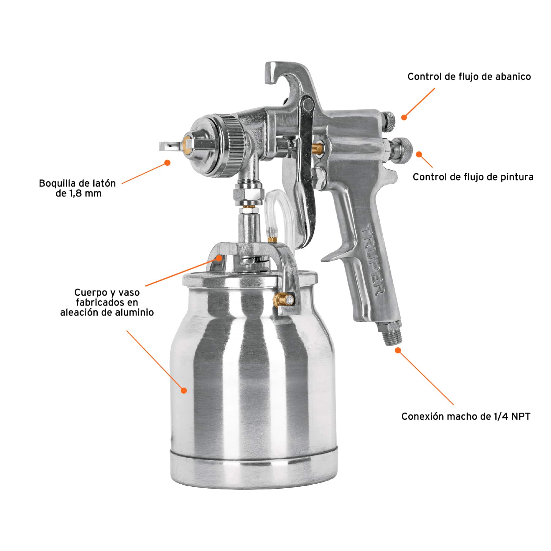 Pistola para pintar succión HVHP vaso alum, 1.8mm, 2 vál Truper