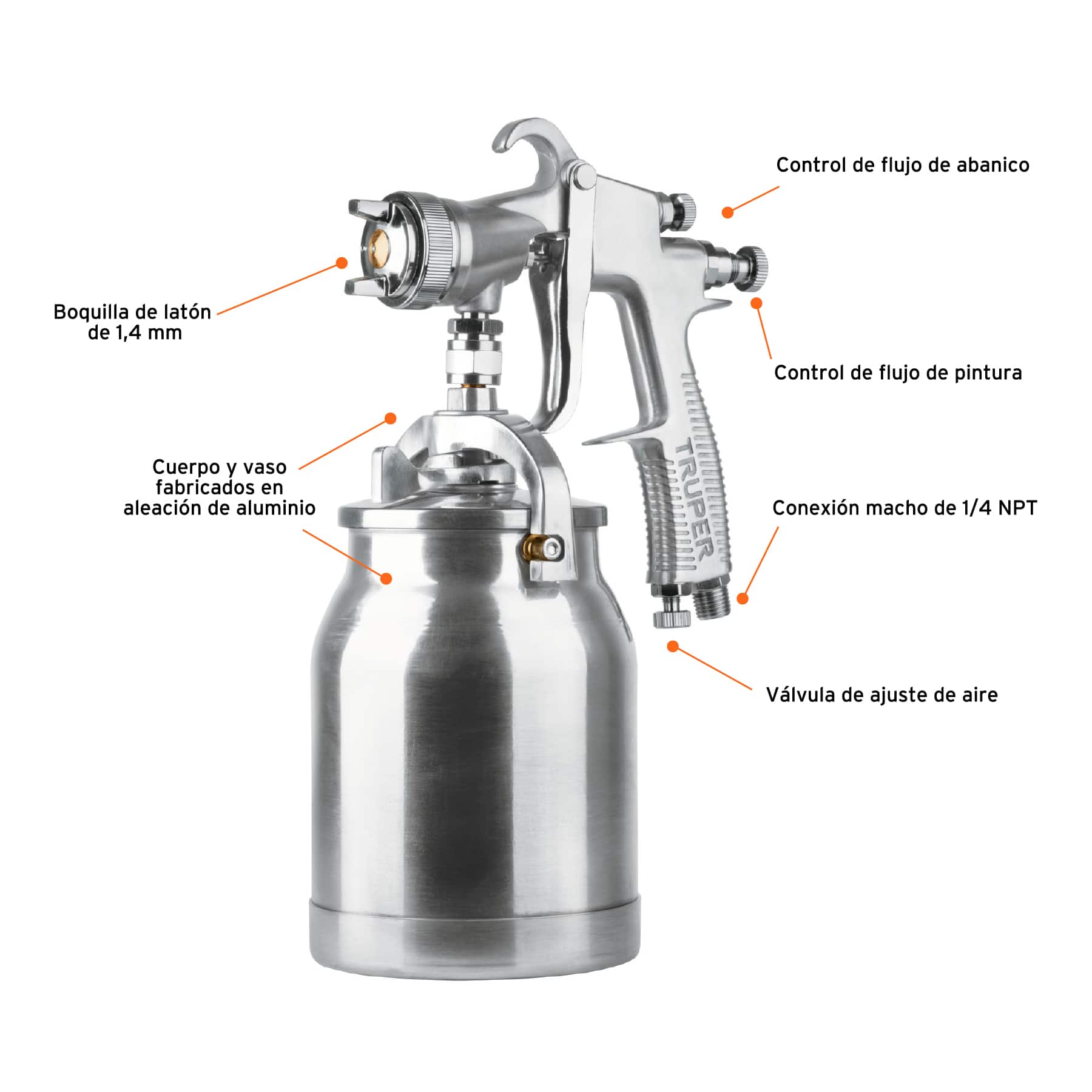 Pistola para pintar succión HVLP vaso aluminio, 1.4 mm, Truper