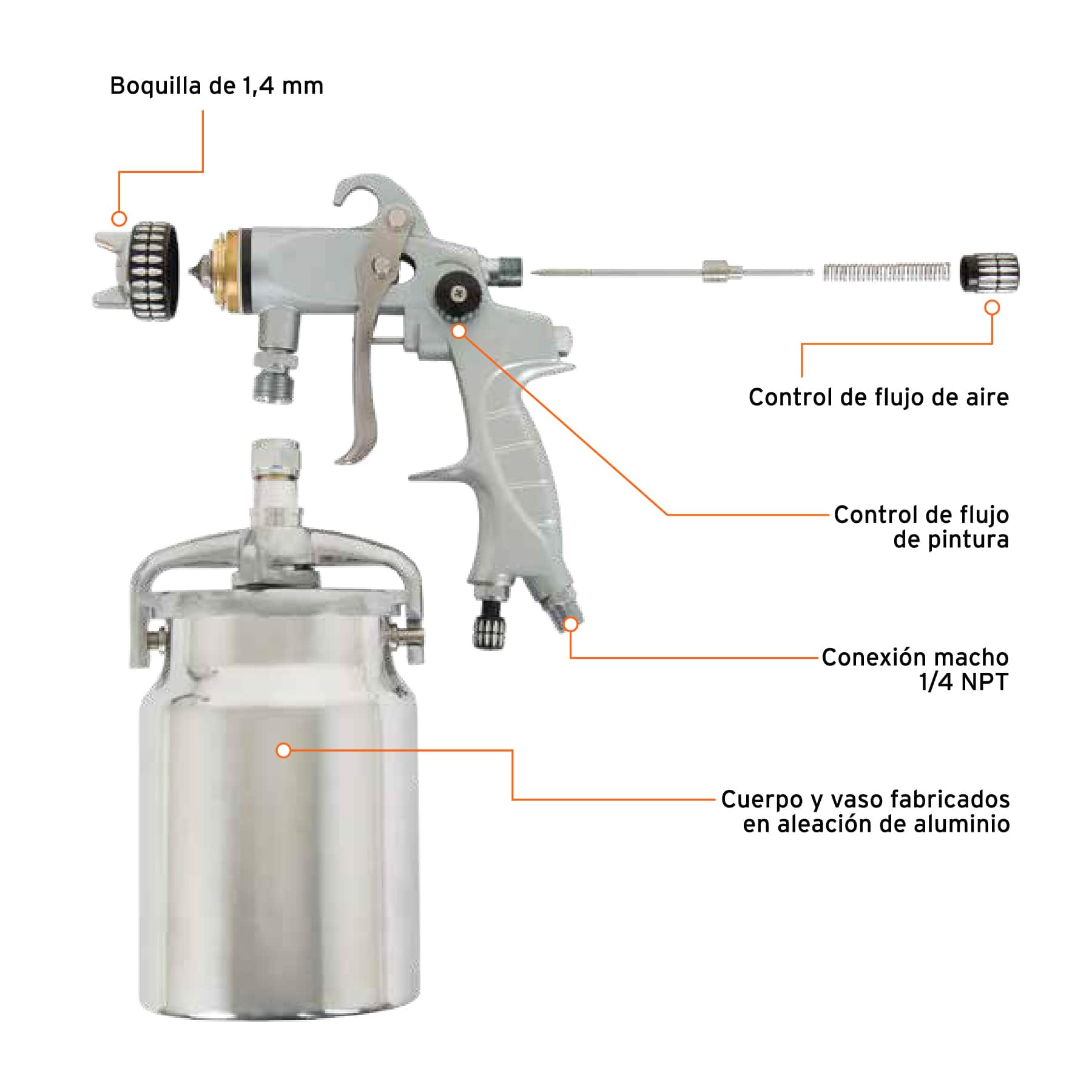 Pistola para pintar succión HVLP vaso aluminio, 1.4 mm, Expert
