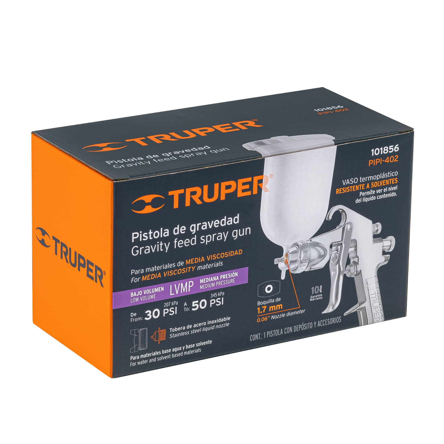 Pistola para pintar gravedad LVMP vaso plástico, 1.7 mm, Truper