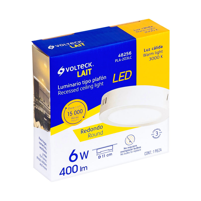 Luminario blanco de LED 6 W redondo tipo plafón luz cálida